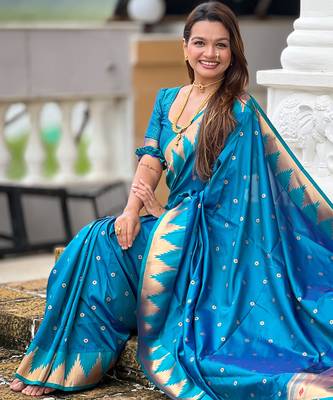 Sky blue color faux banarasi silk saree with paithani rich weaved pallu and blouse 3