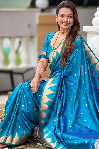 Sky blue color faux banarasi silk saree with paithani rich weaved pallu and blouse