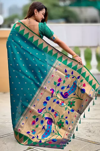 Rama color faux banarasi silk saree with paithani rich weaved pallu and blouse