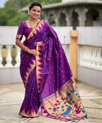 Magenta color faux banarasi silk saree with paithani rich weaved pallu and blouse 3
