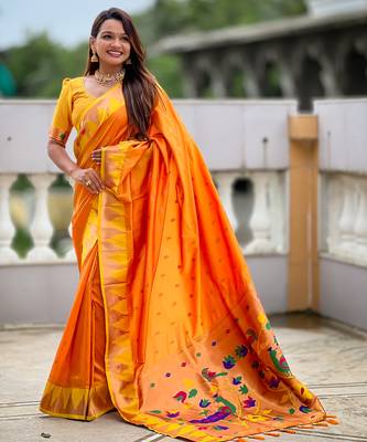 Orange color faux banarasi silk saree with paithani rich weaved pallu and blouse 3