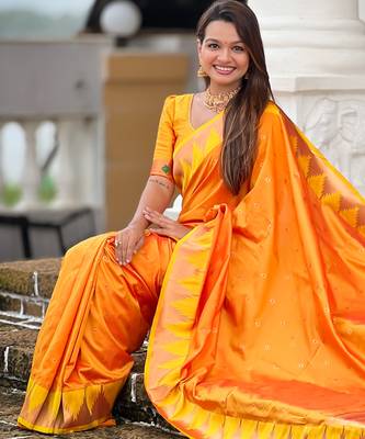 Orange color faux banarasi silk saree with paithani rich weaved pallu and blouse 4