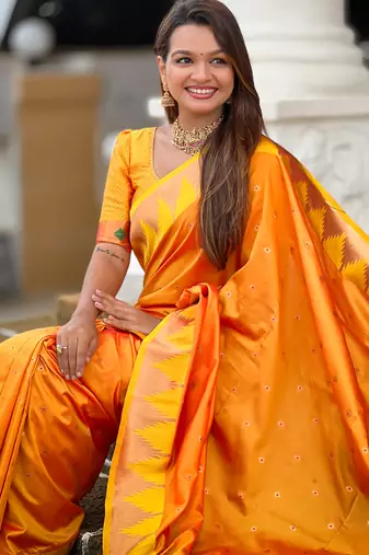 Orange color faux banarasi silk saree with paithani rich weaved pallu and blouse