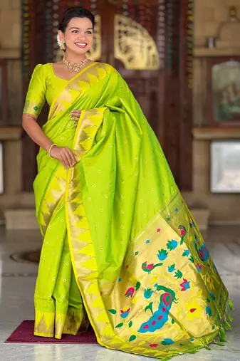 Parrot green color faux banarasi silk saree with paithani rich weaved pallu and blouse
