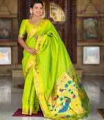 Parrot green color faux banarasi silk saree with paithani rich weaved pallu and blouse