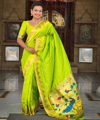 Parrot green color faux banarasi silk saree with paithani rich weaved pallu and blouse 2