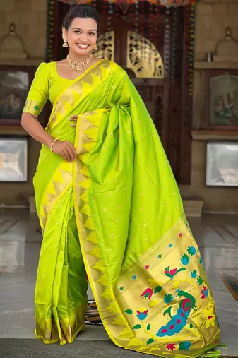 Parrot green color faux banarasi silk saree with paithani rich weaved pallu and blouse