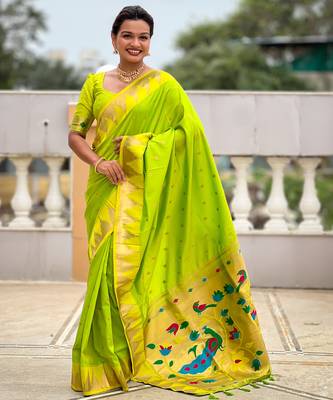 Parrot green color faux banarasi silk saree with paithani rich weaved pallu and blouse 3