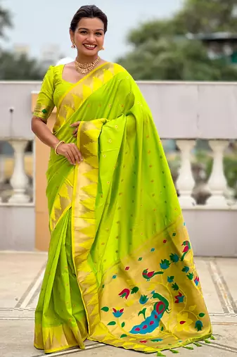 Parrot green color faux banarasi silk saree with paithani rich weaved pallu and blouse