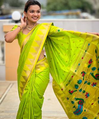 Parrot green color faux banarasi silk saree with paithani rich weaved pallu and blouse 4
