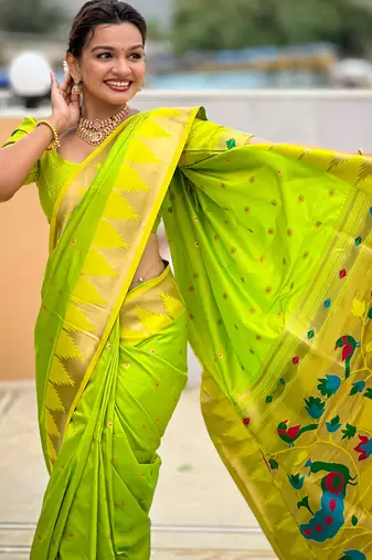 Parrot green color faux banarasi silk saree with paithani rich weaved pallu and blouse