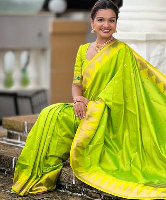 Parrot green color faux banarasi silk saree with paithani rich weaved pallu and blouse 5
