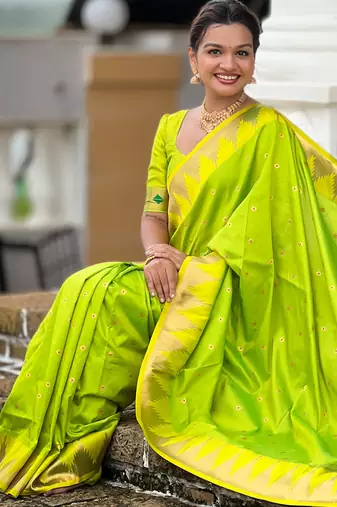 Parrot green color faux banarasi silk saree with paithani rich weaved pallu and blouse