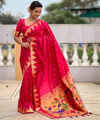 Rani pink color faux banarasi silk saree with paithani rich weaved pallu and blouse 3