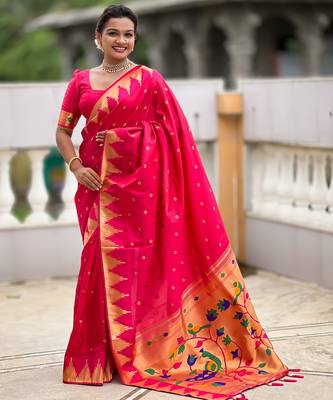Rani pink color faux banarasi silk saree with paithani rich weaved pallu and blouse 4