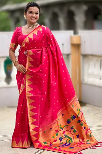 Rani pink color faux banarasi silk saree with paithani rich weaved pallu and blouse