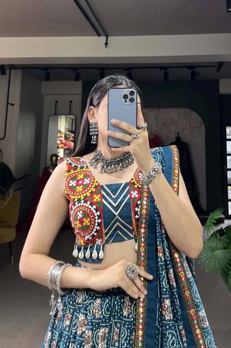 teal Rayon Chaniya Choli with Foil Gamthi work