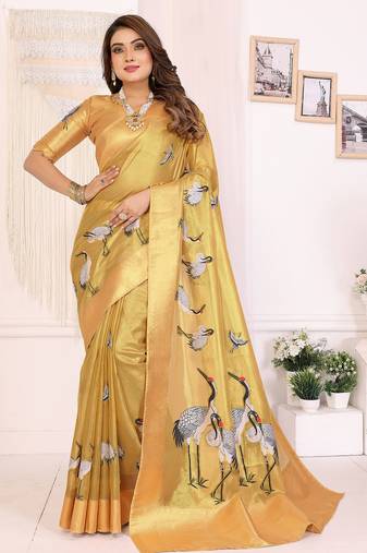 Yellow soft tissue silk cranes floral digital printed daily and festive wear saree