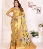 Yellow soft tissue silk cranes floral digital printed daily and festive wear saree