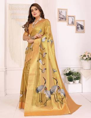 Yellow soft tissue silk cranes floral digital printed daily and festive wear saree 2