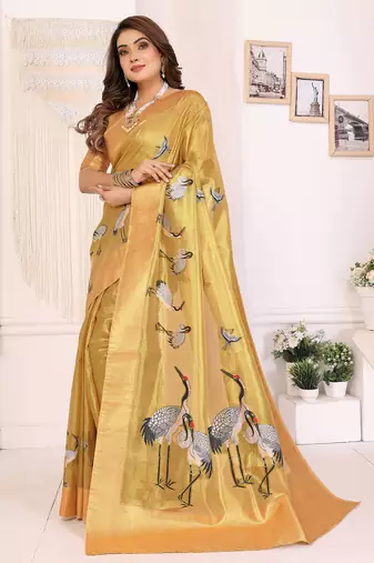 Yellow soft tissue silk cranes floral digital printed daily and festive wear saree