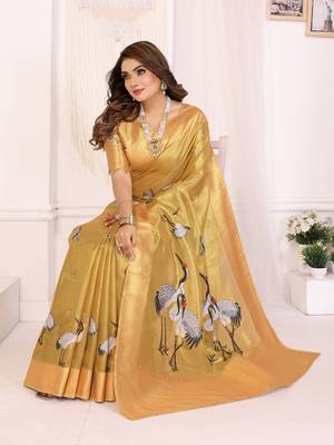 Yellow soft tissue silk cranes floral digital printed daily and festive wear saree 3