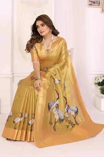Yellow soft tissue silk cranes floral digital printed daily and festive wear saree