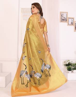 Yellow soft tissue silk cranes floral digital printed daily and festive wear saree 4
