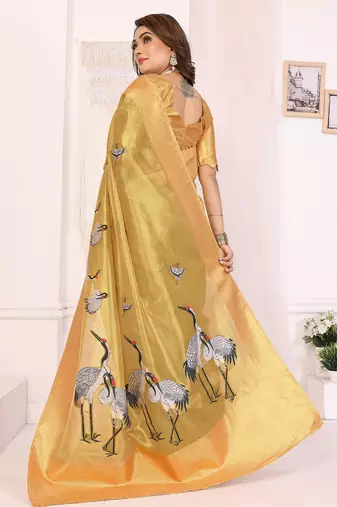 Yellow soft tissue silk cranes floral digital printed daily and festive wear saree
