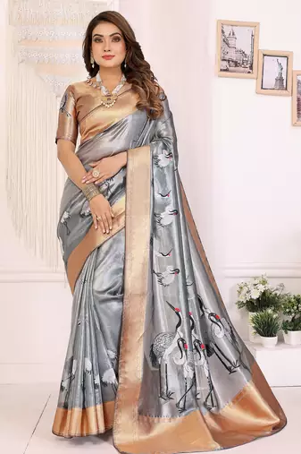 Grey soft tissue silk floral digital printed saree
