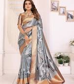 Grey soft tissue silk floral digital printed saree