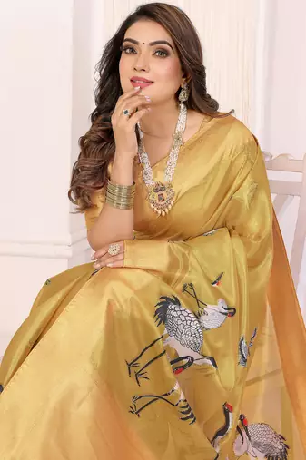 Yellow soft tissue silk cranes floral digital printed daily and festive wear saree