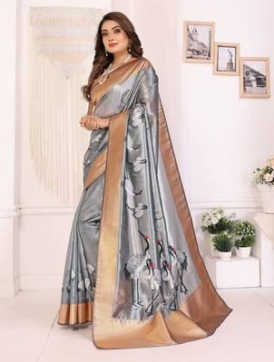 Grey soft tissue silk floral digital printed saree 2