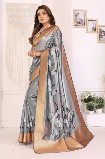 Grey soft tissue silk floral digital printed saree