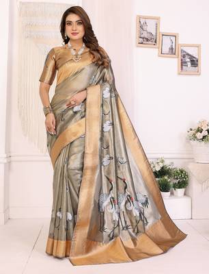 Grey soft tissue silk floral digital printed saree 1