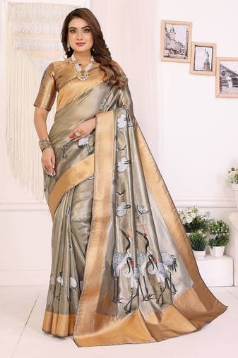 Grey soft tissue silk floral digital printed saree