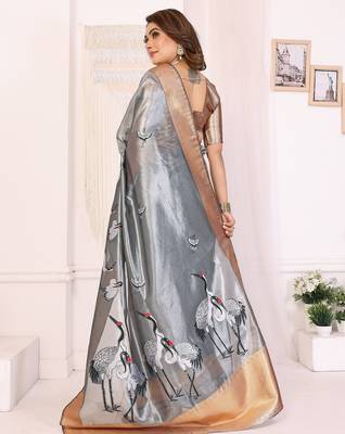 Grey soft tissue silk floral digital printed saree 4