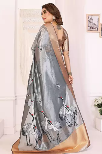 Grey soft tissue silk floral digital printed saree