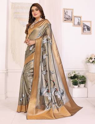 Grey soft tissue silk floral digital printed saree 2