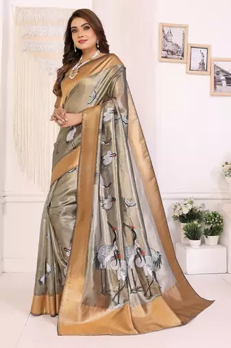 Grey soft tissue silk floral digital printed saree