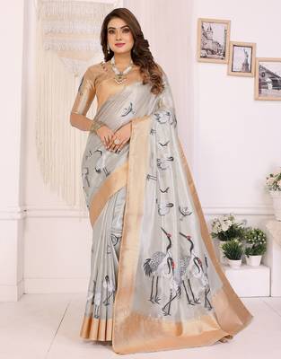 Silver soft tissue silk floral digital printed saree 1