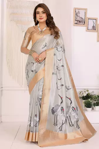 Silver soft tissue silk floral digital printed saree