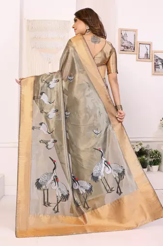 Grey soft tissue silk floral digital printed saree