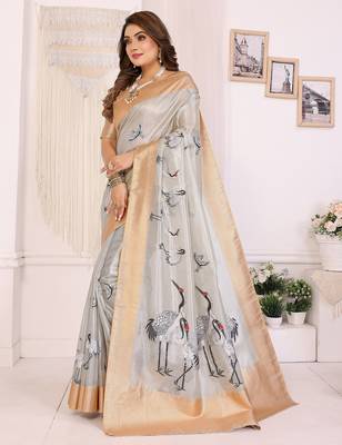 Silver soft tissue silk floral digital printed saree 2