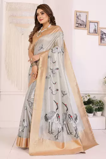 Silver soft tissue silk floral digital printed saree