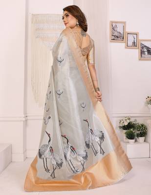 Silver soft tissue silk floral digital printed saree 4