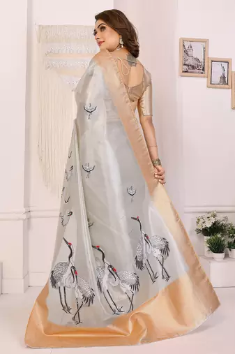 Silver soft tissue silk floral digital printed saree