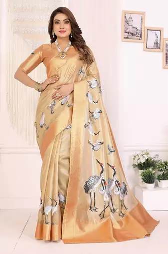 Golden soft tissue silk floral digital printed saree