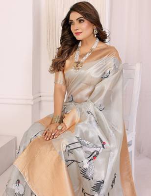 Silver soft tissue silk floral digital printed saree 5