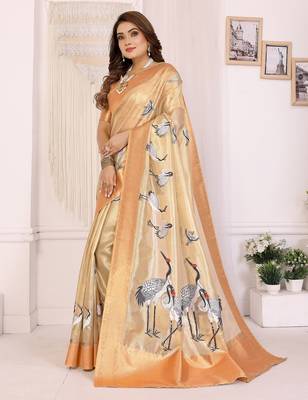 Golden soft tissue silk floral digital printed saree 2